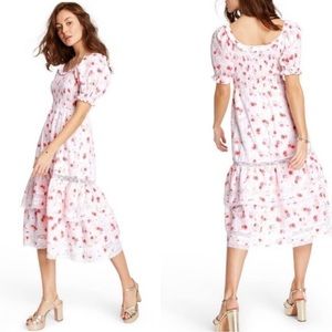 LoveShackFancy White Floral Midi Dress with Pink Roses